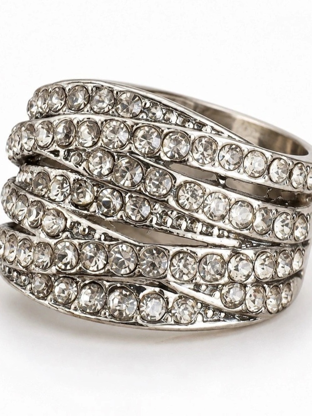 Wide Silver-Tone Rhinestone Wrap Ring — Size 6